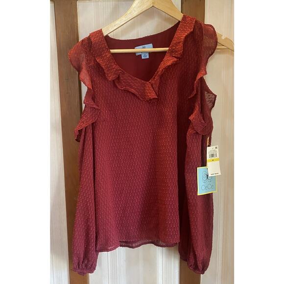 NWT CECE Blouse Women’s Medium Shirt Cold Shoulder Burgundy $80 - Picture 1 of 10